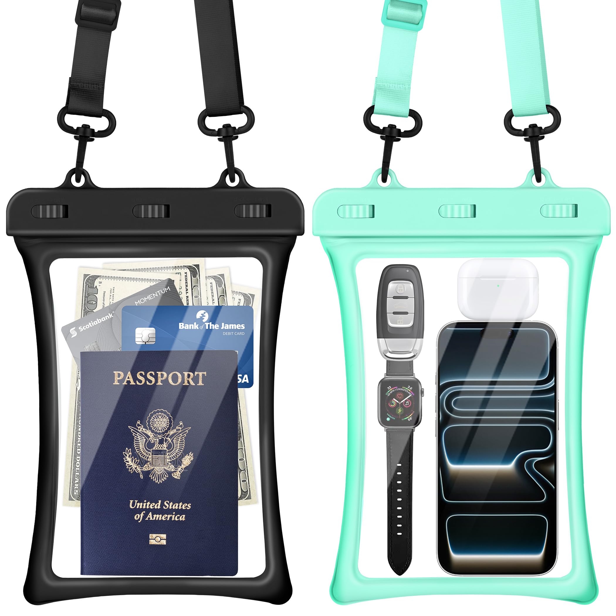 CACOE Floatable Waterproof Phone Pouch 2 Pack Up to 10.0", Black+Green | Floatab