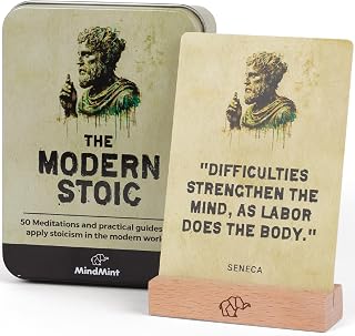 Daily Stoicism Affirmation Cards - 50 Stoic Life Change Quotes, Philosophy Gift for Men in Tin Box with Wood Stand - Desk Accessories Office Decor for Men - Inspirational & Motivational Cards