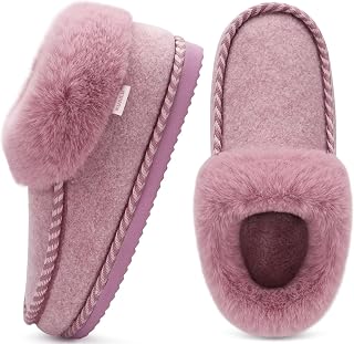 KuaiLu Women's Winter Warm Closed Slippers Felt Plush Leather Comfortable Memory Foam Slippers for Home Non-Slip Sole