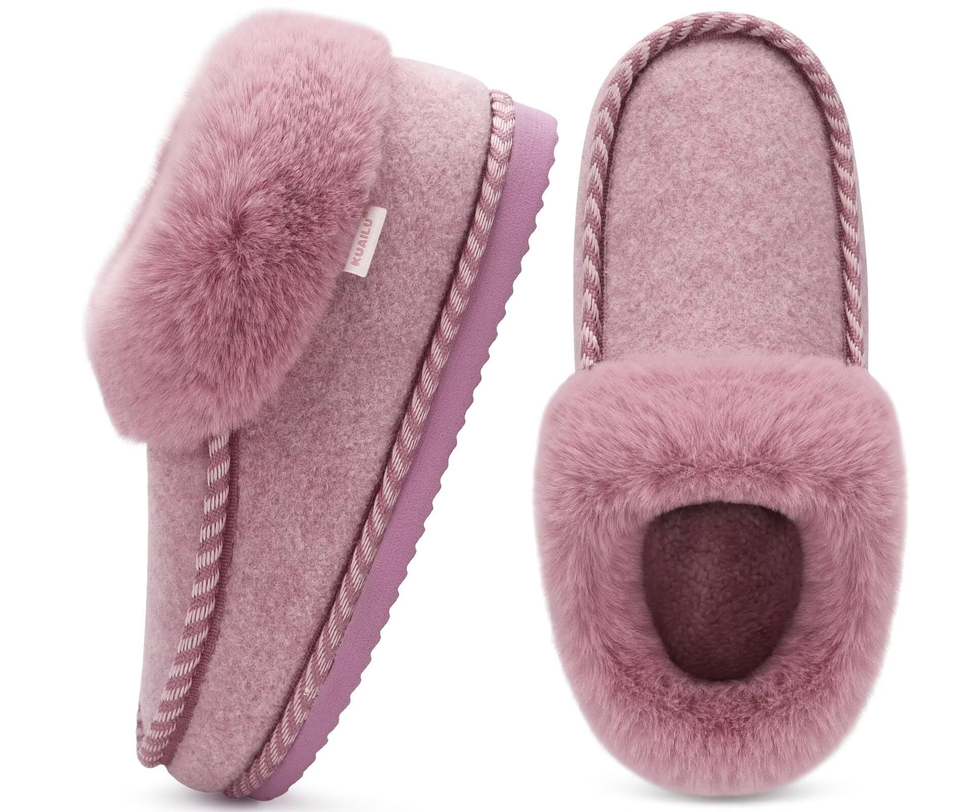 KuaiLu Women's Winter Warm Closed Slippers Felt Plush Leather Comfortable Memory