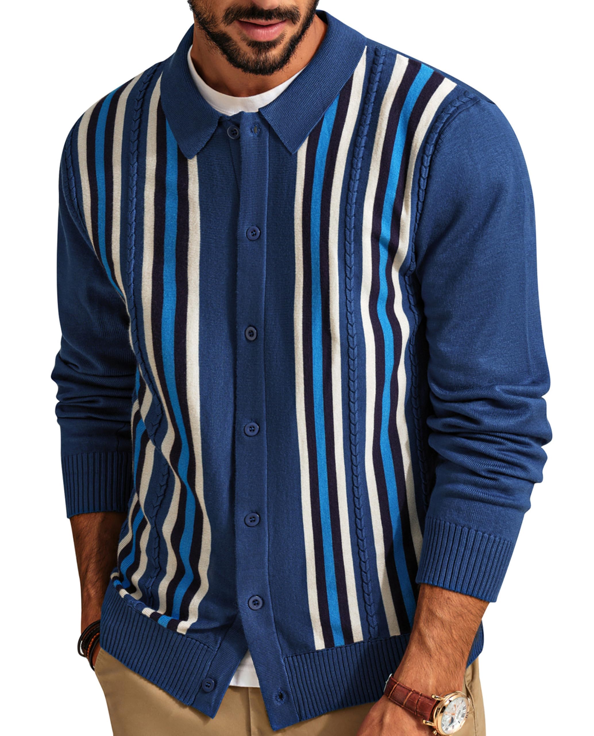 PJ PAUL JONES Mens Casual Turtleneck Slim Fit Long Sleeve Button Down Cable Knit