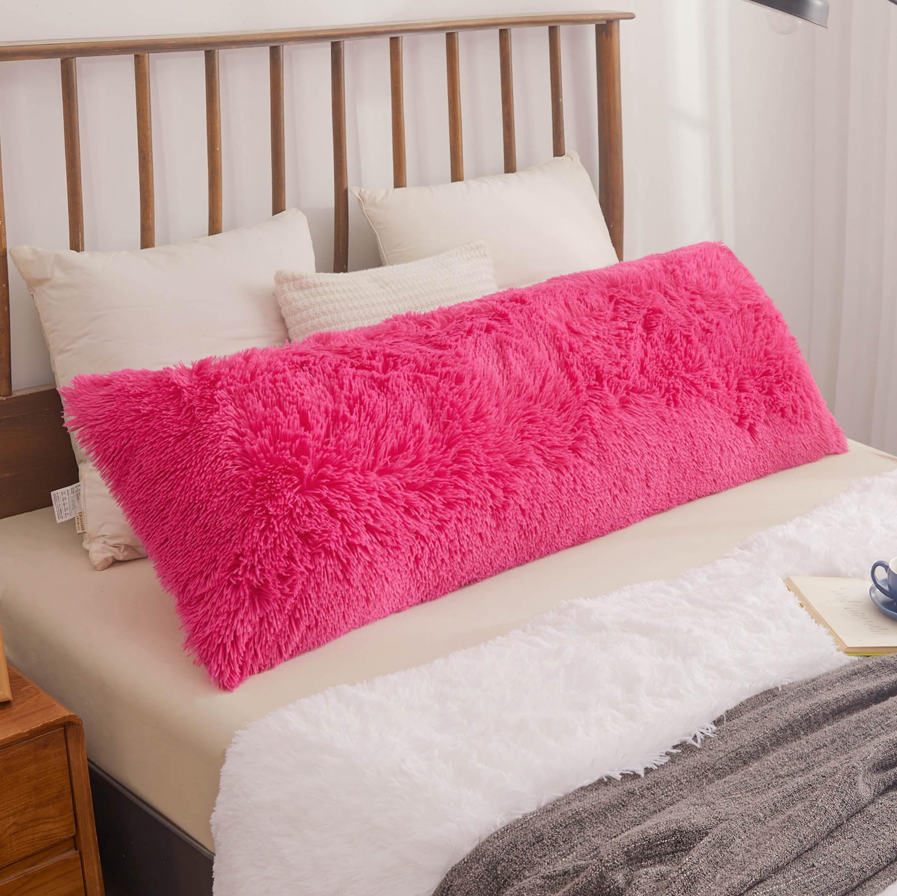 XeGe Fluffy Shaggy Faux Fur Body Pillow Cover, 20"x54", Hot Pink
