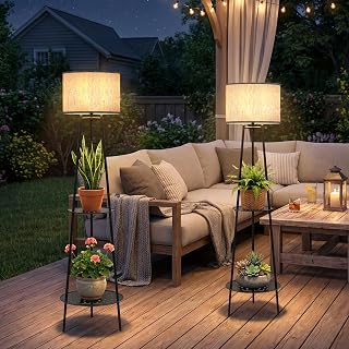 MXwcy 2Pack Solar Outdoor Floor Lamps with Plant Shelves, Waterproof Solar Standing Lamps for Patio Porch Garden Yard, Auto On/Off Warm LED Outdoor Floor Lights, Cordless 2-Tier Plant Stand Decor
