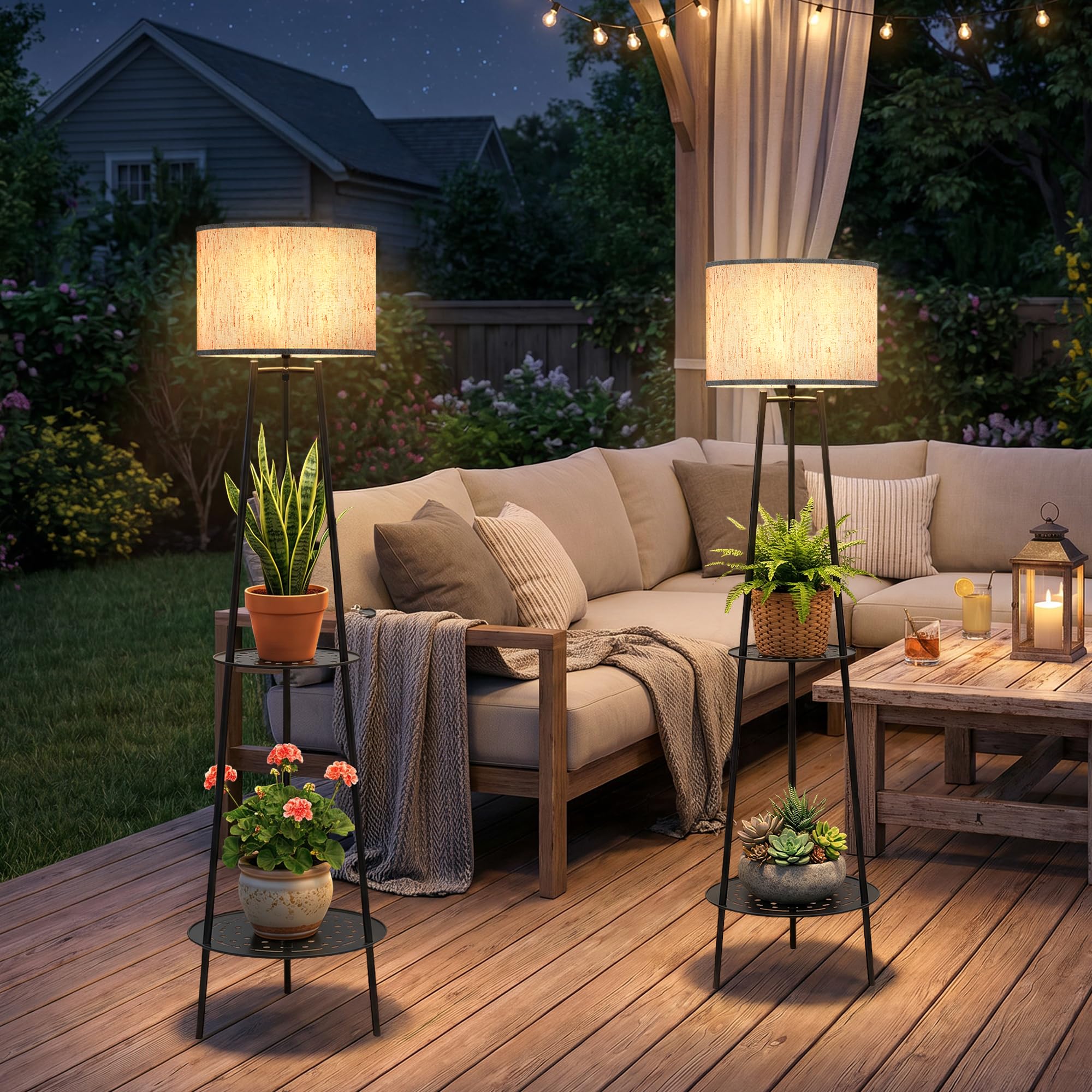 MXwcy 2Pack Solar Outdoor Floor Lamps with Plant Shelves, Waterproof Solar Stand
