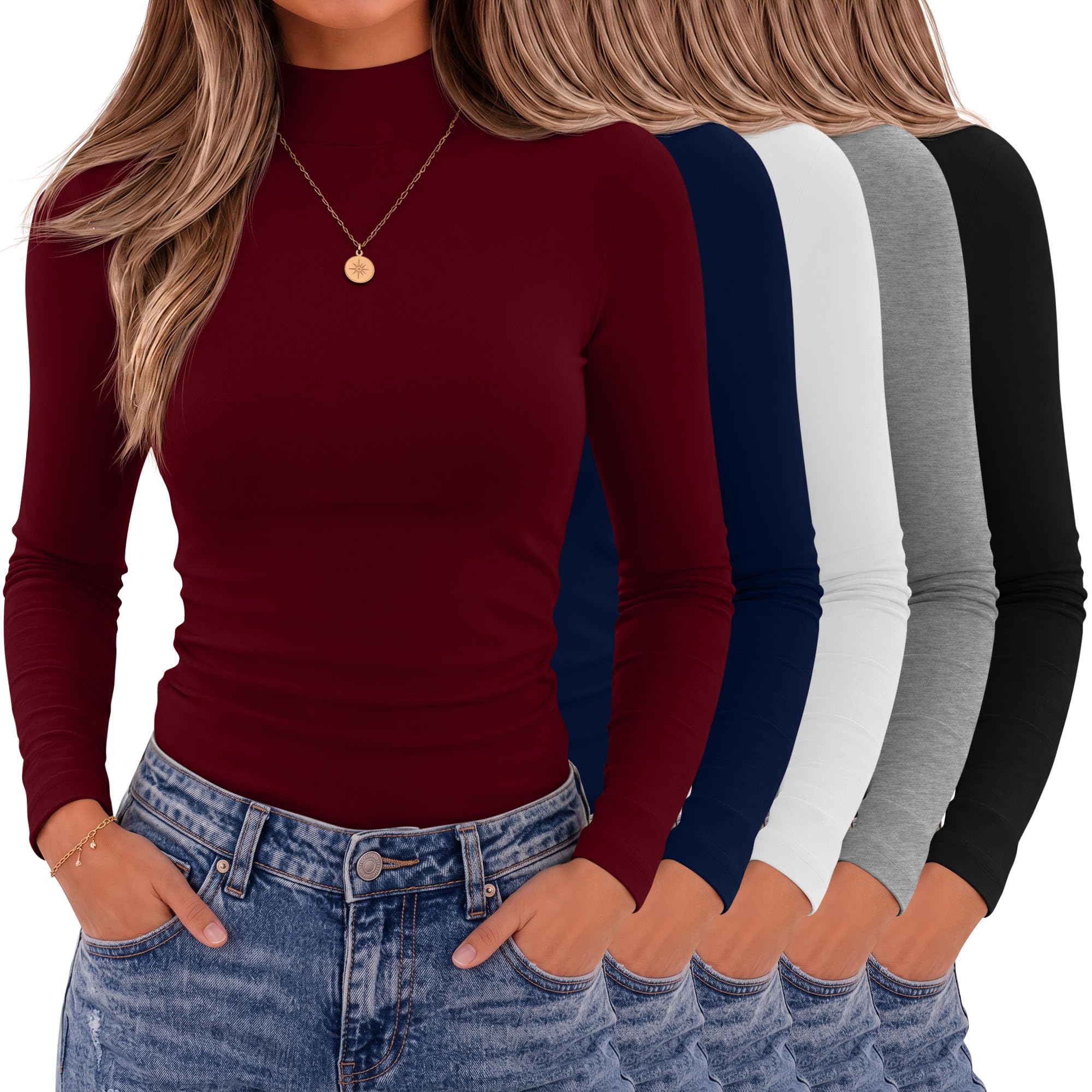 Oakgarden 5 Pack Mock Turtleneck Top for Women Base Shirts