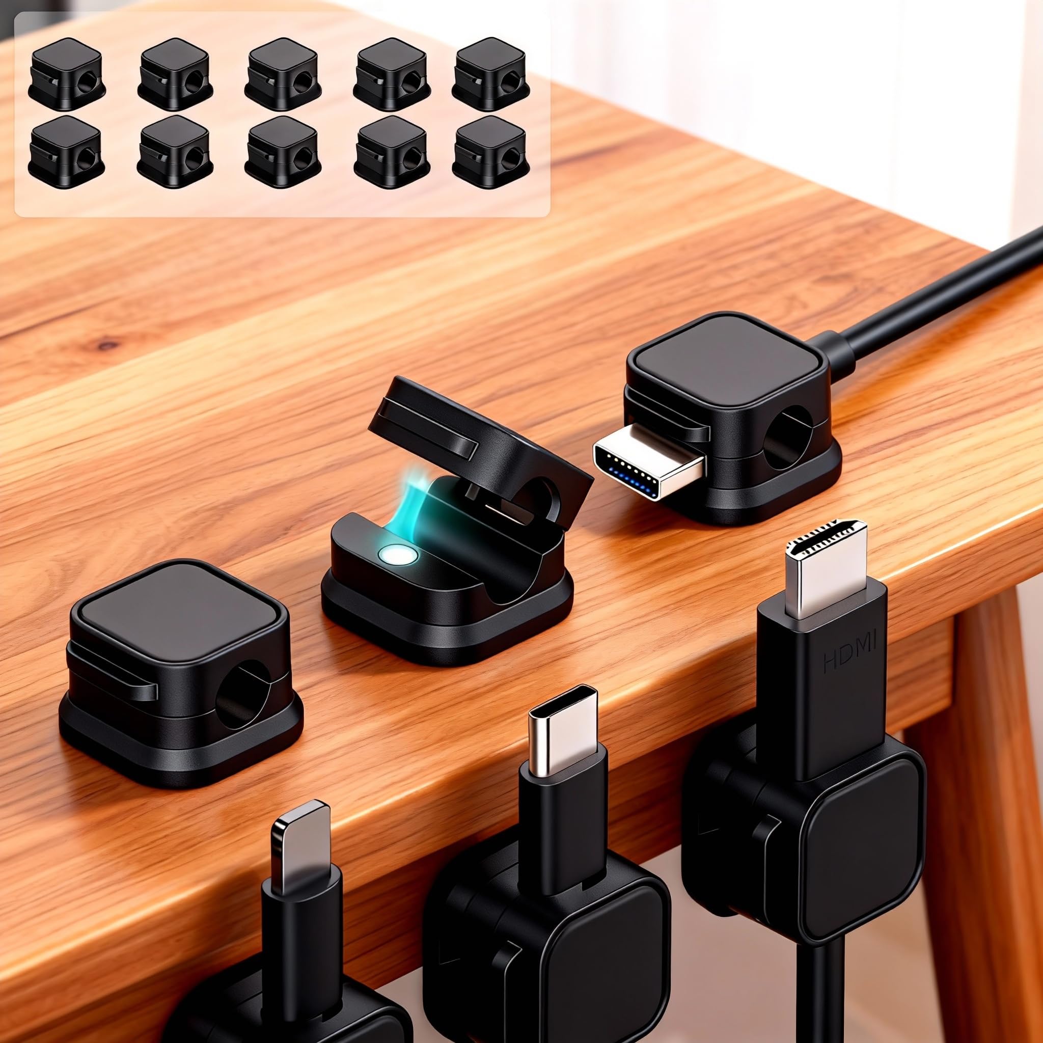 Pack of 10 Spring Cable Clips, Desk Cable Management Clips, Adhesive Holder for 