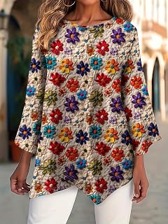 Boho wildflower and daisy print top, 3/4 sleeve blouse with asymmetrical hem, loose fit, round neck