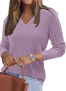 PLOKNRD Women's Sweater Lightweight V-Neck Long Sleeve Elegant Knitted Pullover Casual T-Shirt