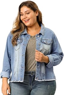 Agnes Orinda レディース プラスサイズ クラシック ウォッシュド フロント フレイド デニムジャケット