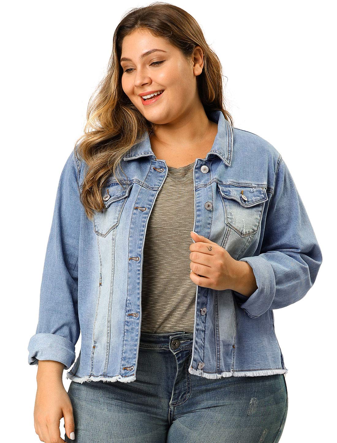 Agnes Orinda レディース プラスサイズ クラシック ウォッシュド フロント フレイド デニムジャケット
