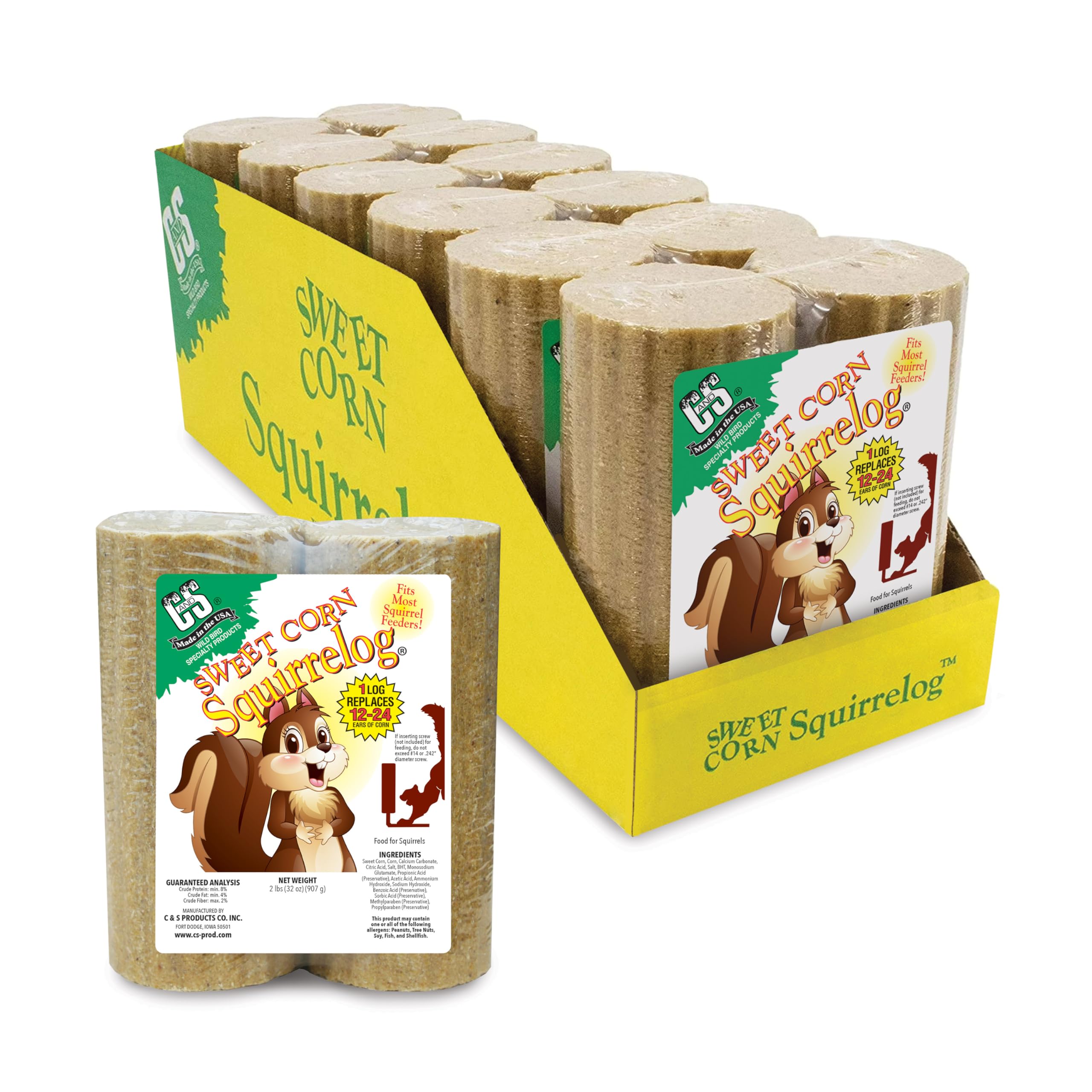 C&S Sweet Corn Squirrelog Refill, Food for Wild Squirrels, 2 Pounds, 6 Pack | Sq