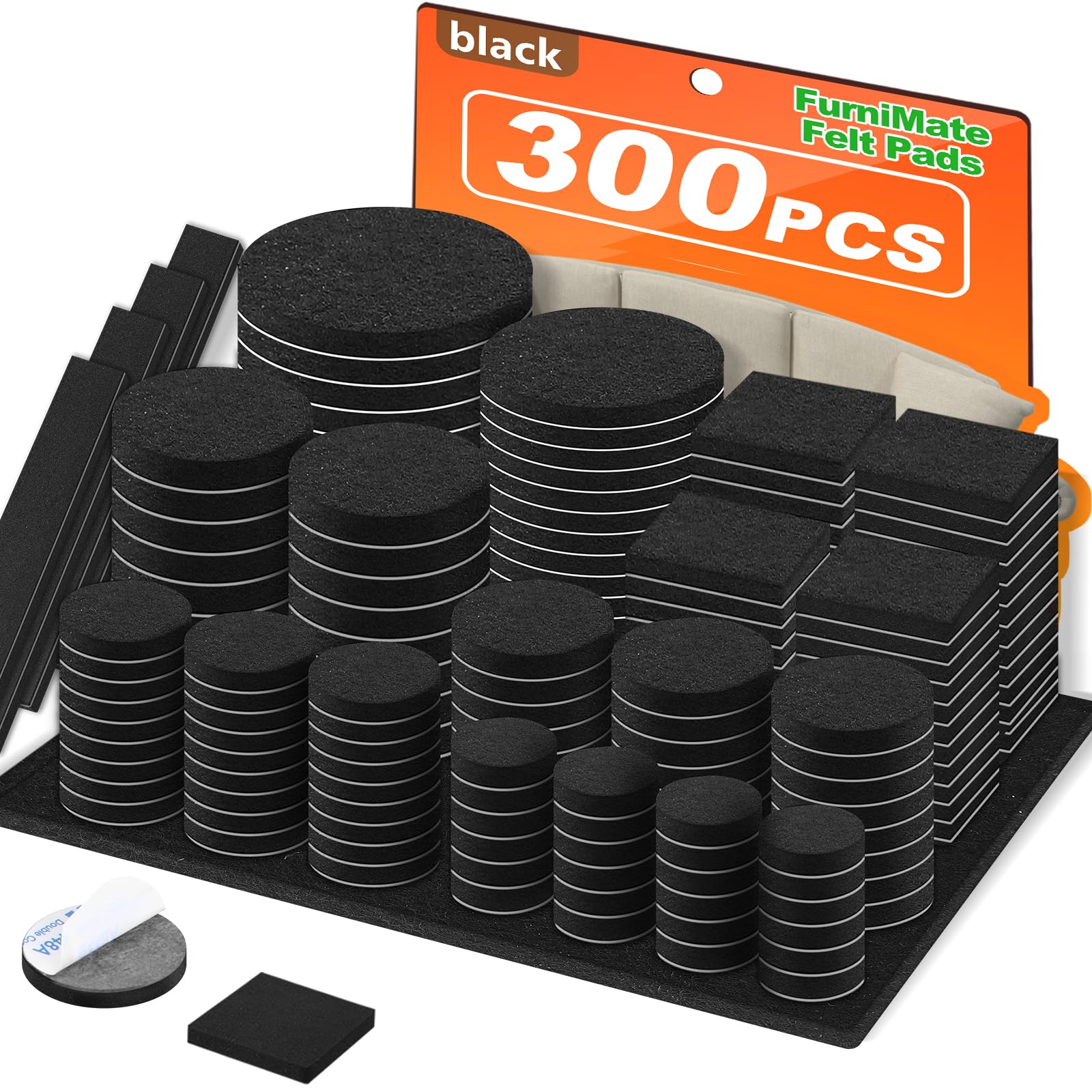 Felt Furniture Pads 300 Pieces, Furniture Pads for Hardwood Floors Black | Self-