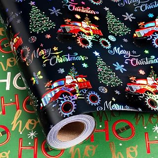 Burymento Boys Christmas Wrapping Paper Roll, Holographic Santa Monster Truck & Xmas Tree Blue Wrapping Paper, Reversible Green HO HO HO Holiday Gift Wrap for Kids, Party (17 Inch X 33 Feet)