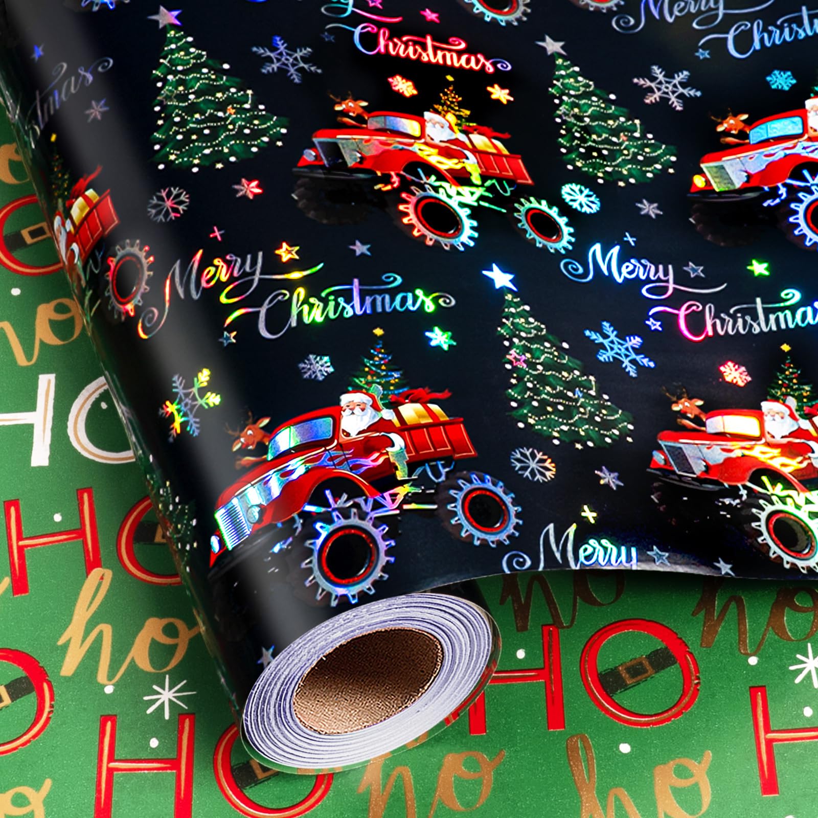 Burymento Boys Christmas Wrapping Paper Roll, Holographic Santa Monster Truck & 