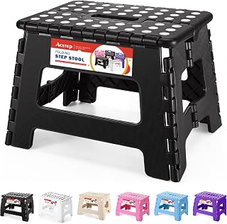 ACSTEP Folding Step Stool 9 Inch, Non-Slip Foldable Stools for Kids, Black | Heavy Duty Collapsible Foot Stool, Lightweight, Holds 300 lb for Toddler/Adults Kitchen Bathroom Bedroom Outdoor, with Handle