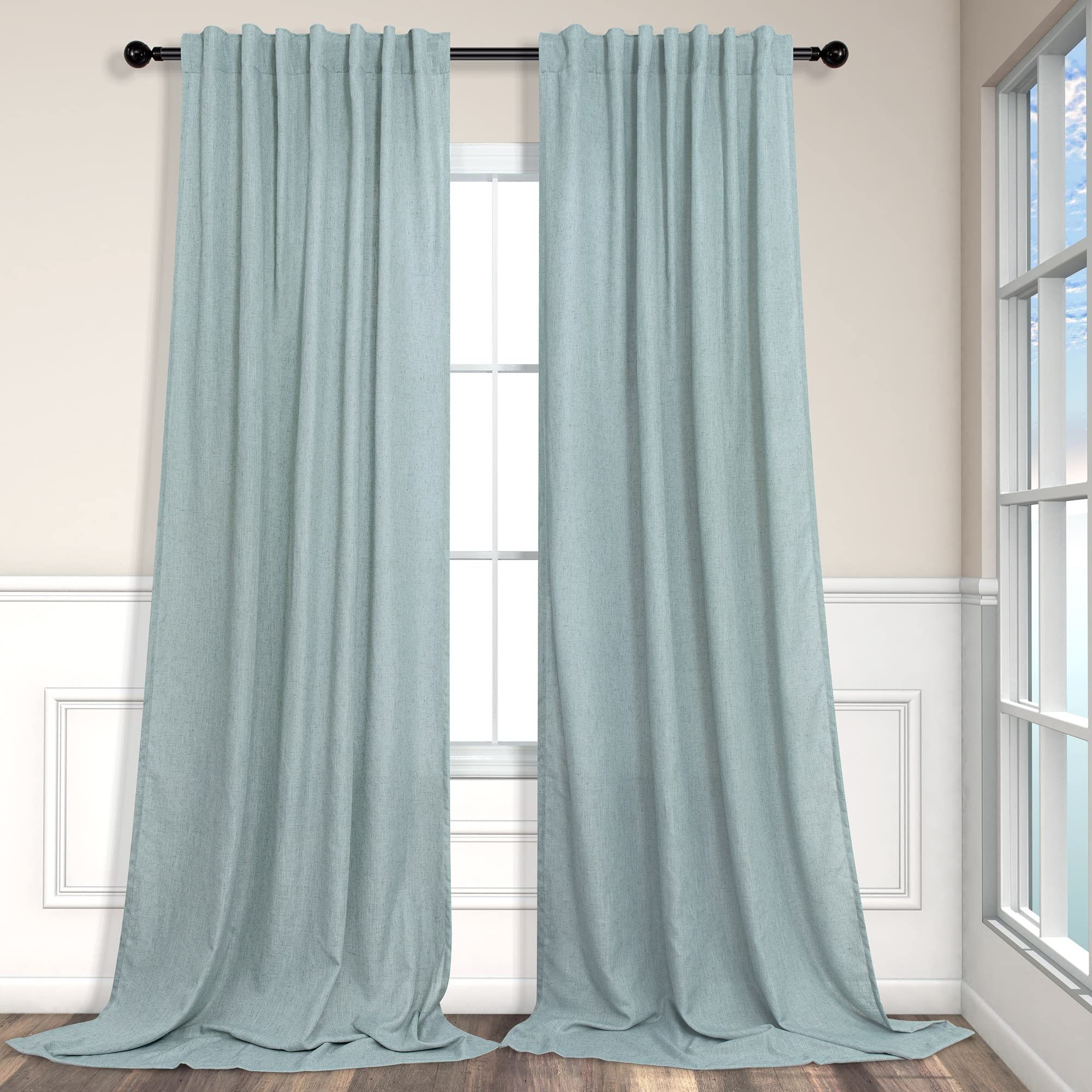 Aqua Curtains 84 Inch Length for Living Room Pair Set Back Tab Pocket Linen Pane