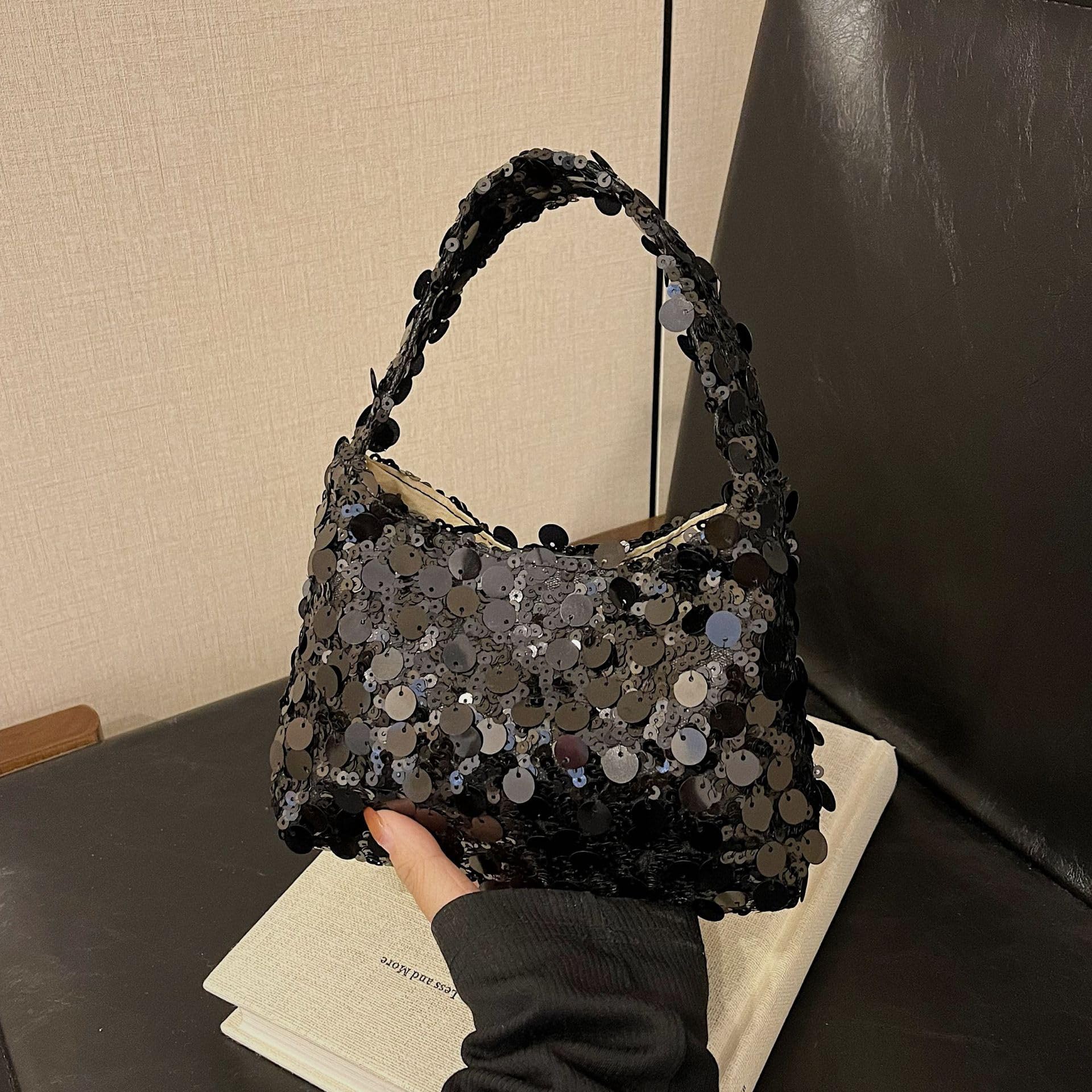 Sequin Underarm Crossbody Bag - Trendy Shiny Shoulder Purse for Women with Zippe