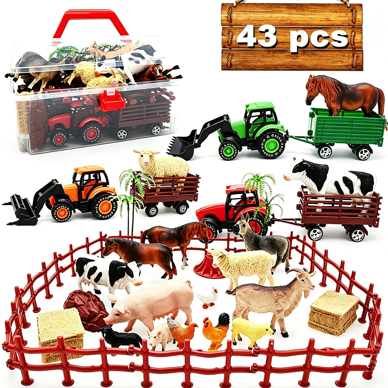 Kimicare 3 Pack Farm Toy Tractor with 40pcs Plastic Farm Animals Figurines and F