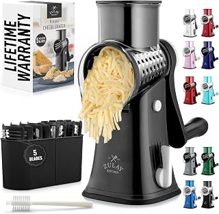 Rotary Cheese Grater Hand Crank, Vegetable Shredder - Black & Chrome | 5 Blades, 304 Stainless Steel, 15 x Faster Prep, Upgraded Suction Base, BPA Free, Dishwasher Safe, Cheese Shredder