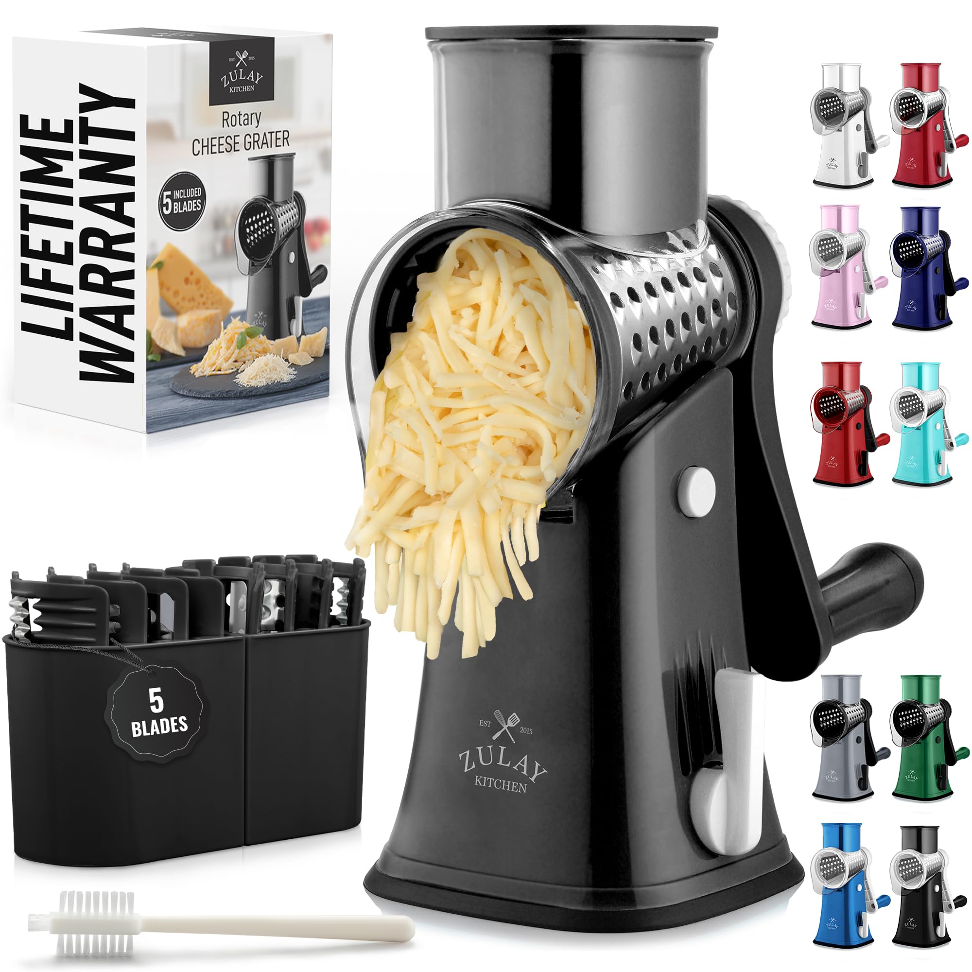 Rotary Cheese Grater Hand Crank, Vegetable Shredder - Black & Chrome | 5 Blades,