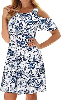 Misyula Style Womens Summer Cold Shoulder Floral T-Shirt Dress with Pockets