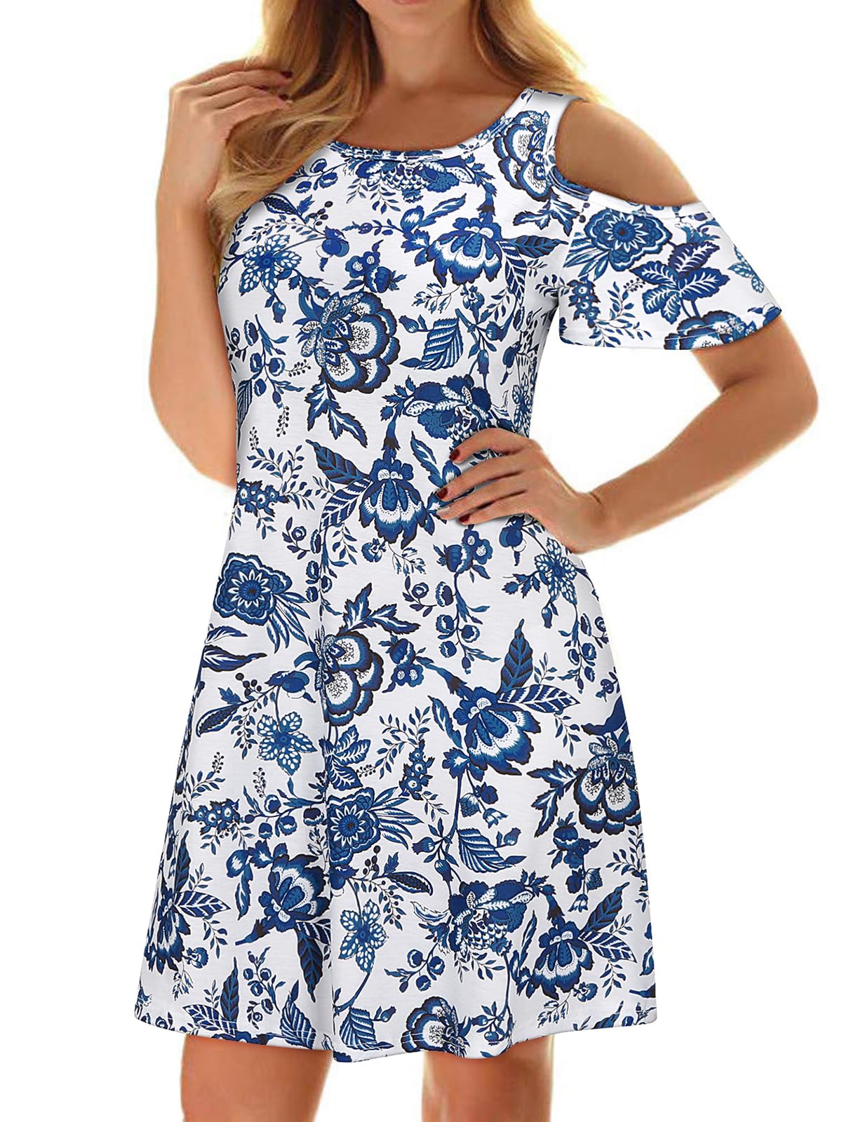 Misyula Style Womens Summer Cold Shoulder Floral T-Shirt Dress with Pockets