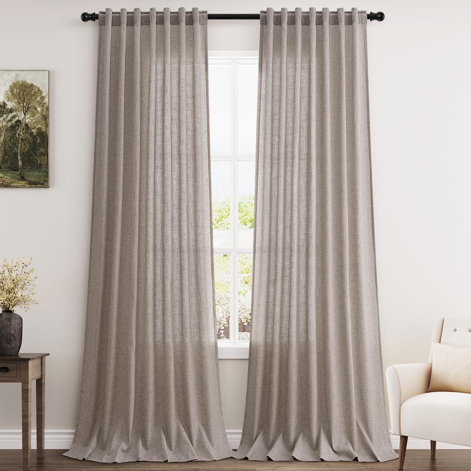 Brownish Grey Linen Curtains 90 Inch Length 2 Panels Set for Living Room Rod Poc