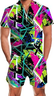 Raisevern - Mens 3D Print Zipper Bodysuit Bodycon Short Sleeve Romper