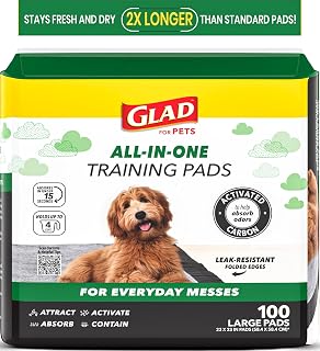 Glad for Pets, Puppy Pads - Activated Carbon, Dog Pee Pads, 100 Count | Large 23 x 23 in size, 6-layer leak-resistant design, absorbs in 15 seconds, holds 4 cups, made for puppies and senior dogs