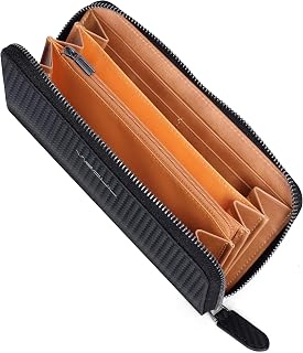 VISOUL Leather Long Zipper Cash Wallets for Men with RFID Blocking Two-Tone, Carbon Fiber Large Clutch Money Purse (Black+Tan)