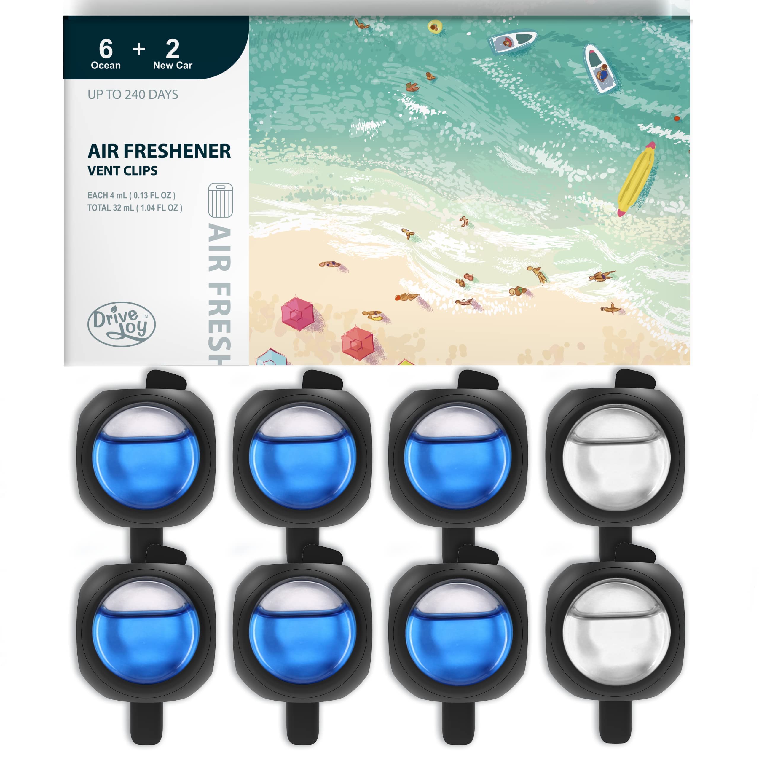 DRIVEJOY Car Air Freshener Vent Clips, 8 PK, 6 Ocean, 2 New Car Scent, Long Last