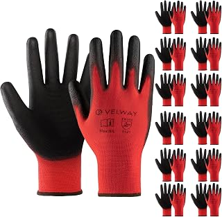 Velway 12 Pairs Work Gloves PU Coated for Men Women, Red, Size 9/L | Firm Grip Non-Slip, EN388 Rated, Lightweight Breathable 13G Seamless Knit, Ideal for Gardening DIY Warehouse Construction