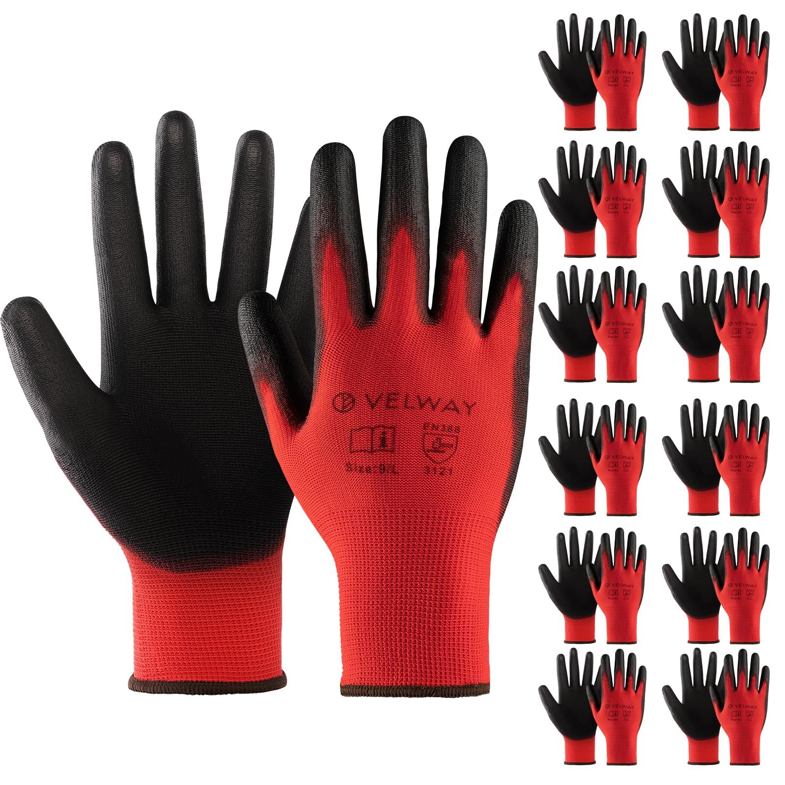 Velway 12 Pairs Work Gloves PU Coated for Men Women, Red, Size 9/L | Firm Grip N