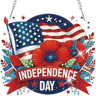 HEIBAGO 4th of July Patriotic Diamond Art Hanging Kits for Adults, USA Flag Diamond Painting Window Pendant Kits, DIY 5D Special Shape Gem Art Suncatchers for Home Garden Door Wall Decor 8.3 x 8.3 in