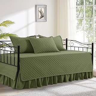 HOMBYS Daybed Cover Sets- Diamond Stitching Daybed Bedding Set, All Season Cozy Bedding with Bedskirt with Shams, Microfiber Filling, 5 Pieces, Olive-Green