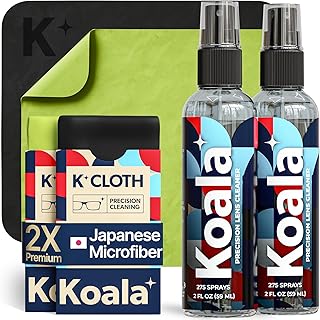 Koala Eyeglass Lens Cleaner Spray Kit | Japanese Microfiber (4 Piece Set) | (2x) Glasses Cleaner Bottle + (2x) Microfiber Cloth | Alcohol Free Eyeglasses, Screen, and Camera Cleaning Kit | Made in USA