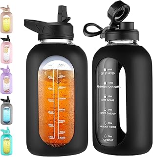 CIVAGO 64 oz Glass Water Bottle with Straw, Half Gallon Large Water Jug | Motivational, Time Marker, Leakproof Lids, Wide Mouth, Flask Cup with Handle and Silicone Sleeve, for Juices, Black