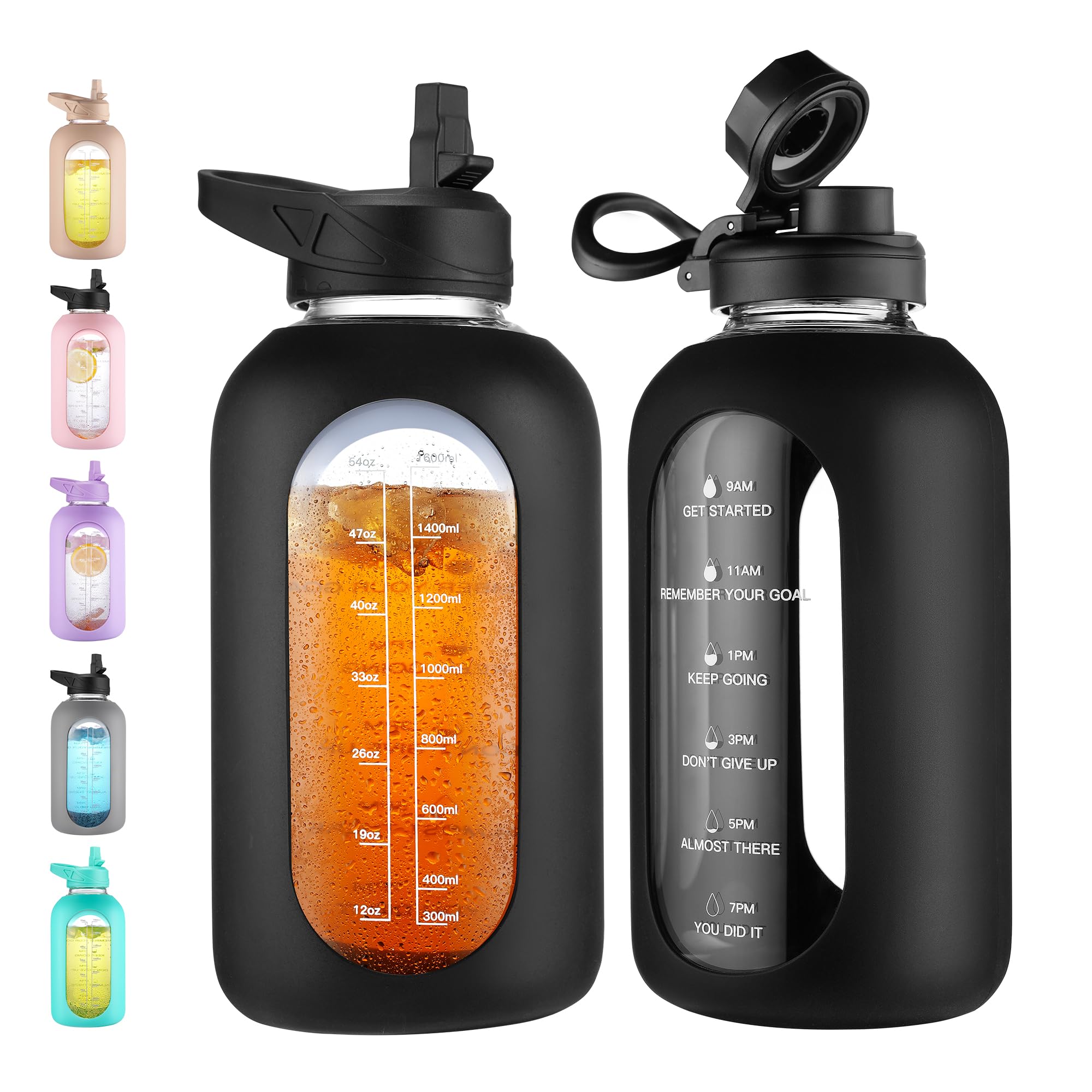 CIVAGO 64 oz Glass Water Bottle with Straw, Half Gallon Large Water Jug | Motiva