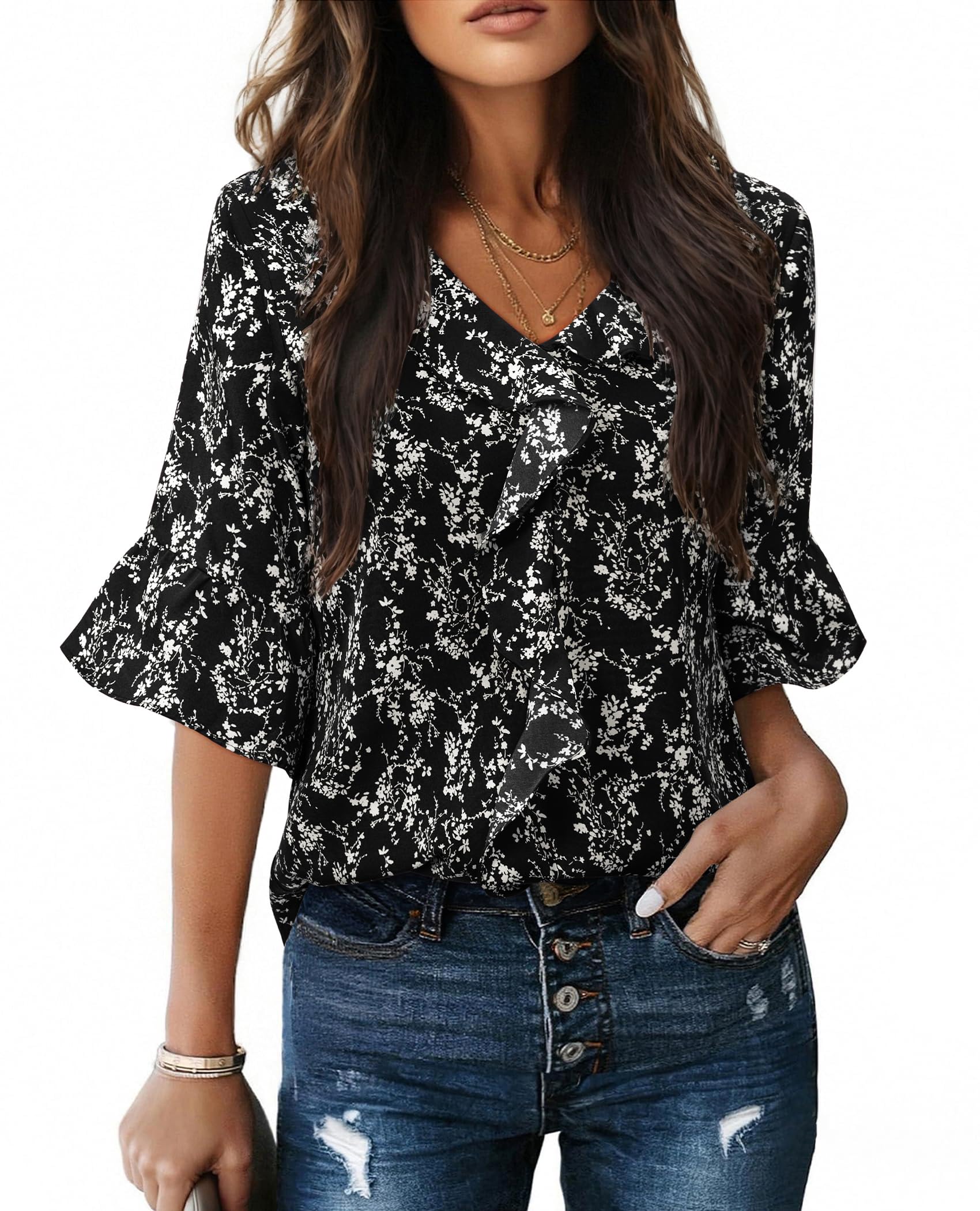 siliteelon Womens Blouses Dressy Casual 3/4 Sleeve Ruffle Bell Top Ladies Busine