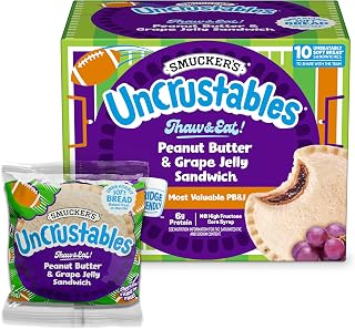 Smucker’s Uncrustables Peanut Butter & Grape Jelly Sandwiches, 10 (Frozen) | 2-oz. frozen sandwiches, Fridge Friendly for up to 5 days, Unbeatably Soft Bread baked with no artificial preservatives