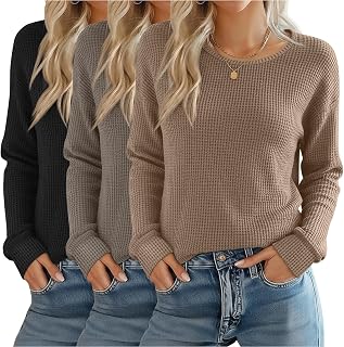 3 Pack Women's Waffle Shirts Long Sleeve Casual Tops