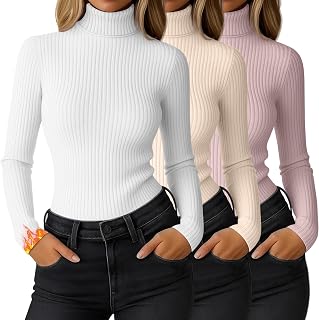 Ficerd 3 Pack Women's Ribbed Thermal Turtleneck Long Sleeve Tops