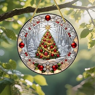 Colorful Acrylic Suncatcher Christmas Tree Stained Glass Window 7 Inch Wall Hanging Decor with Stained Glass Style Printed Pattern Gift and Garden Decor for Indoor and