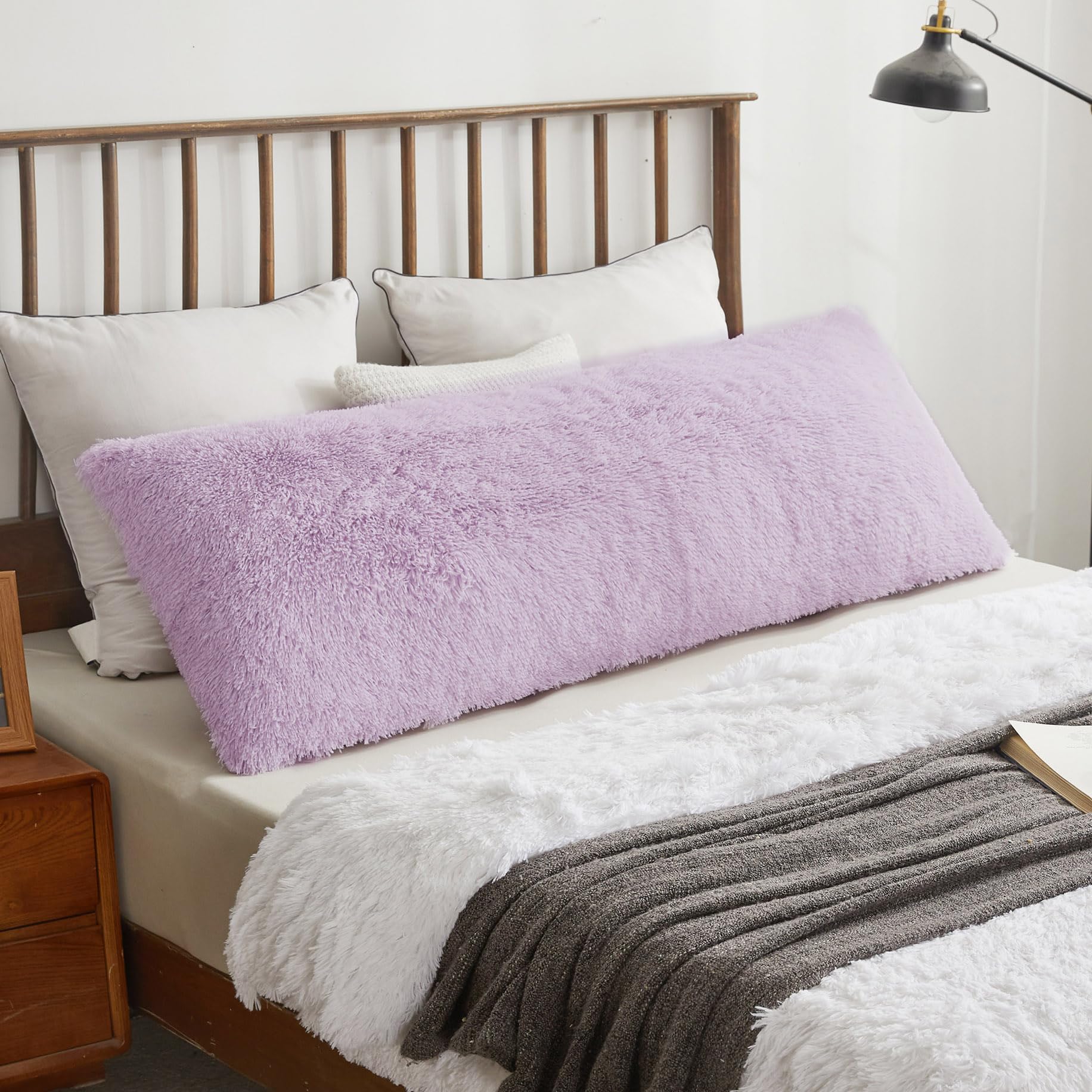 XeGe Soft Plush Fluffy Faux Fur Body Pillow Cover, 20"x54", Lavender