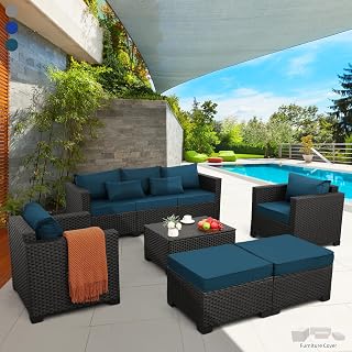 Rattaner Patio Furniture Set 6 Pieces Couch Outdoor Furniture Sofa Set Storage Table Hight Backrest Anti-Slip Cushions and Waterproof Covers, Peacock Blue