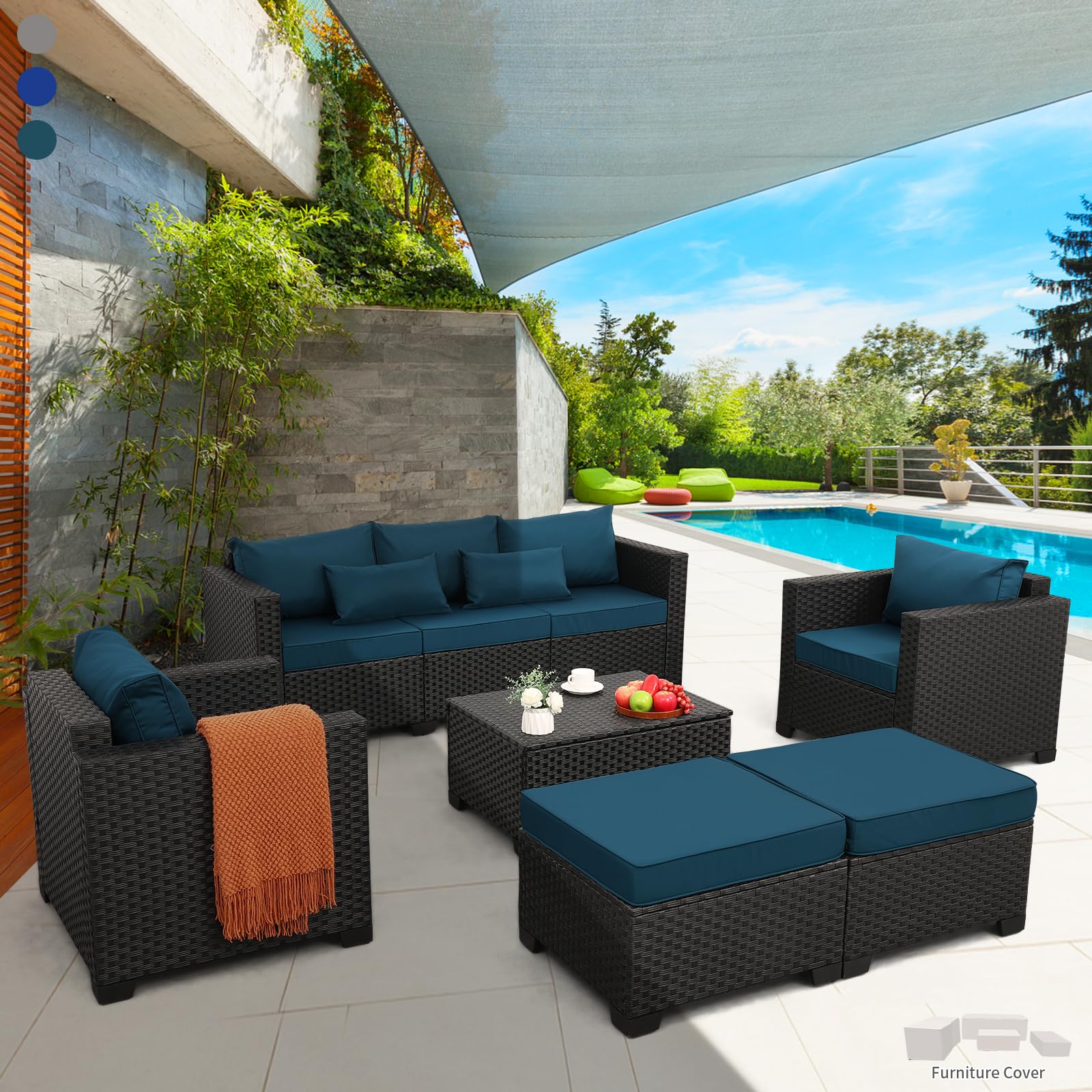 Rattaner Patio Furniture Set 6 Pieces Couch Outdoor Furniture Sofa Set Storage T