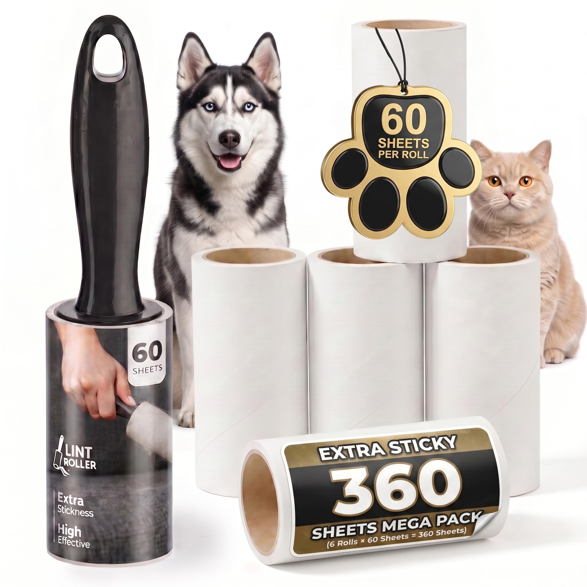 Lint Roller, 6 Pack with 1 Reusable Handle, 360 Extra Sticky Sheets for Pet Hair