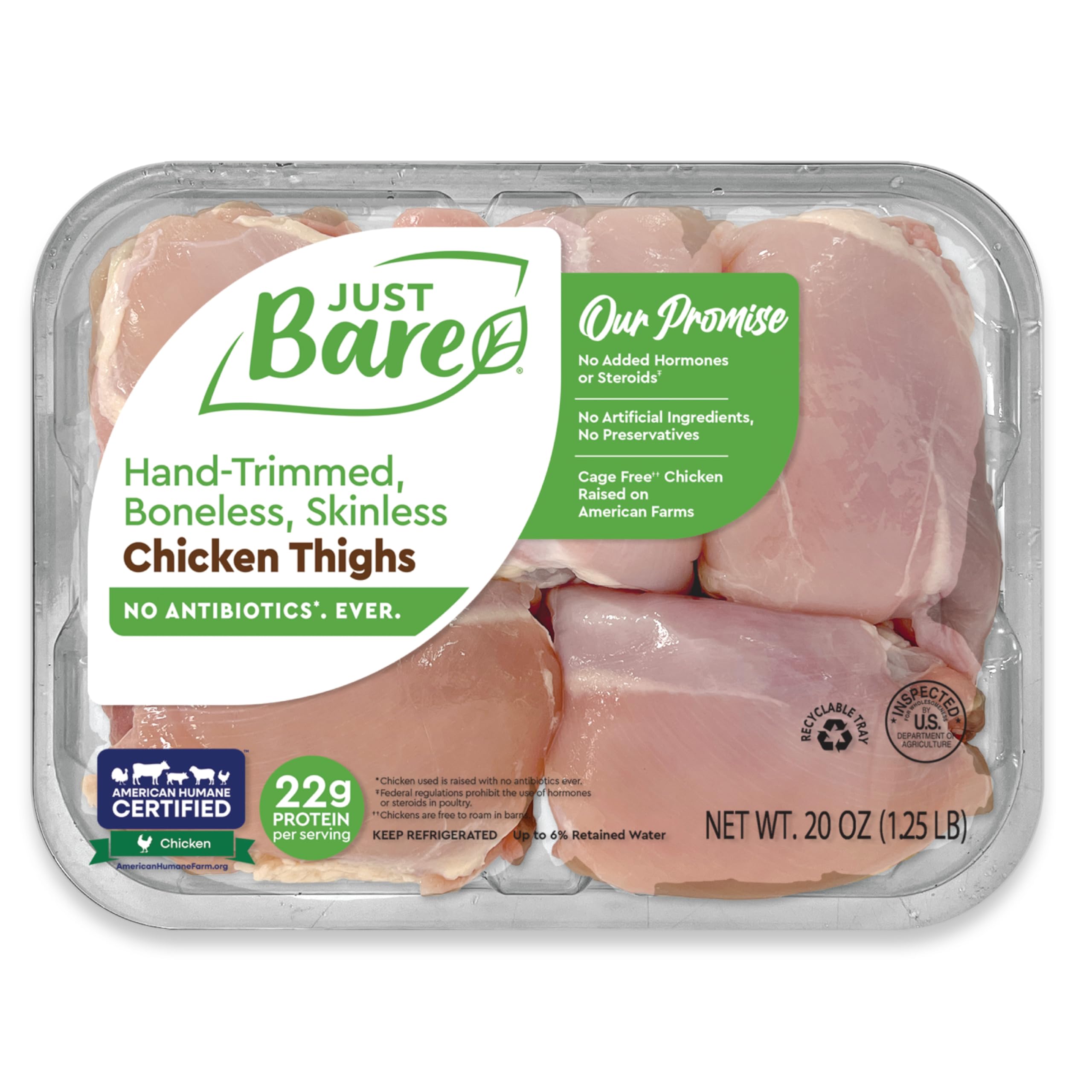 Just Bare Chicken Natural Fresh Chicken Thighs | Antibiotic Free | Boneless | Sk