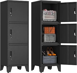 Lusiwry Metal Lockers for Employees-3 Doors Storage Locker with Shelves and Lockable Steel Cabinet for School,Gym,Office,Staff,Assembly Required,Black