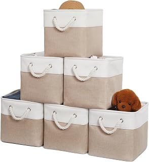28 x 28 cm Storage Cubes, Set of 6 Large Storage Boxes with Handles, Foldable Storage Baskets, Ideal for Organising Households, Offices, Wardrobes, Clothes (White and Beige)